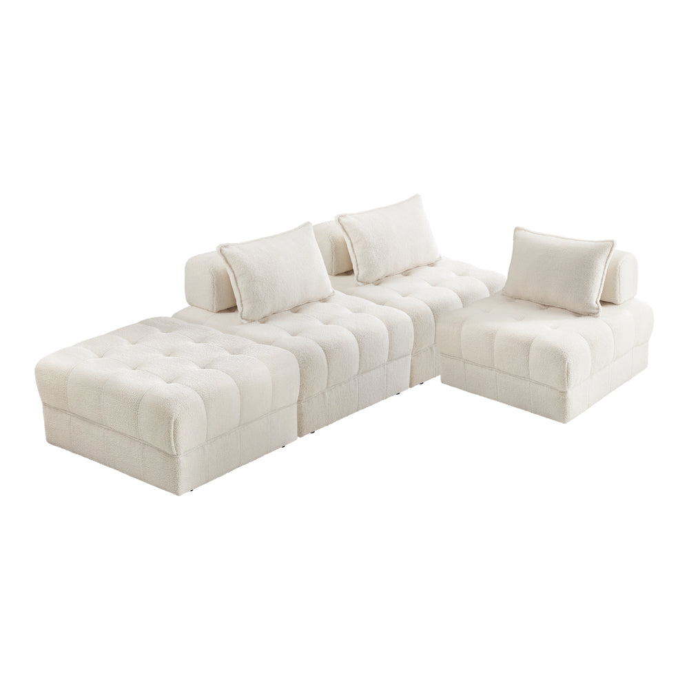 Oikiture 4 Seater Boucle Modular Sofa & Ottoman Set Armless White