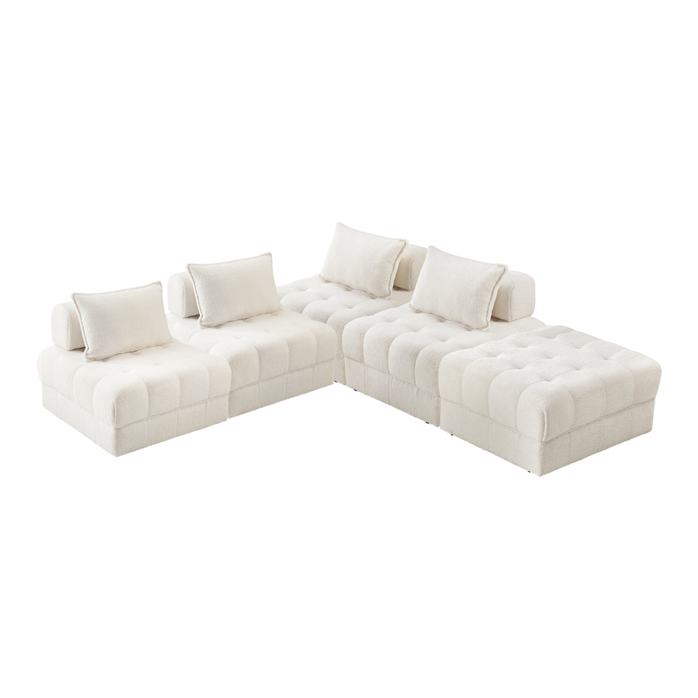 Oikiture 5 Seater Boucle Modular Sofa & Ottoman Set Armless White
