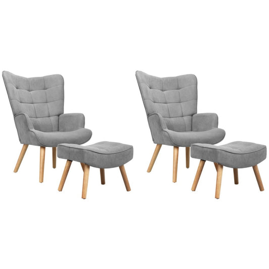Oikiture 2x Armchair Lounge Chair Ottoman Fabric Sofa Grey