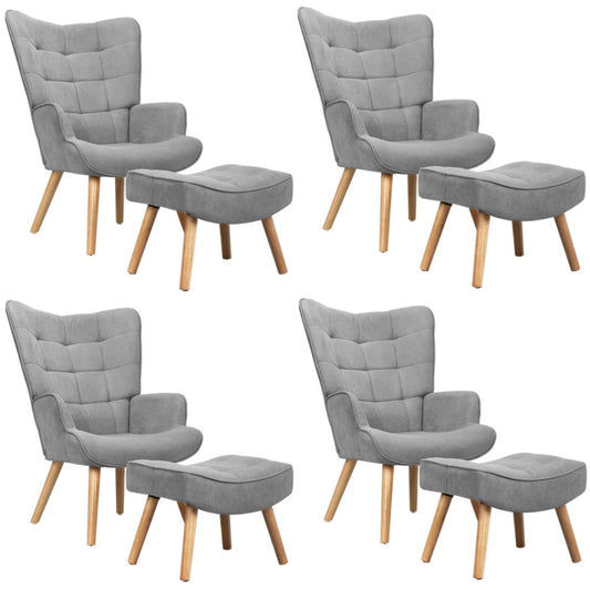 Oikiture 4x Armchair Lounge Chair Ottoman Fabric Sofa Grey