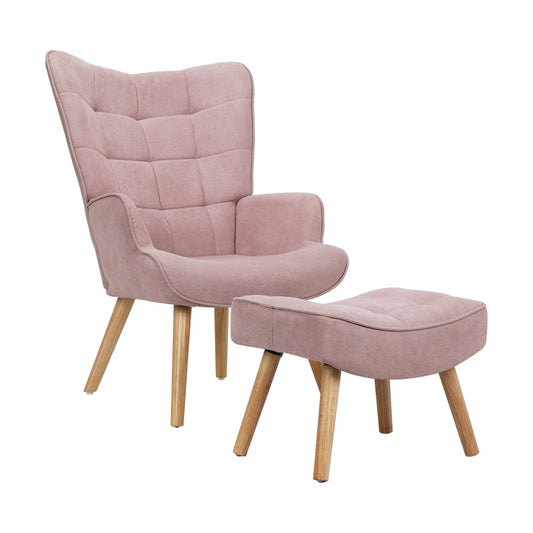 Oikiture Armchair Set Ottoman Fabric Sofa Chairs Pink