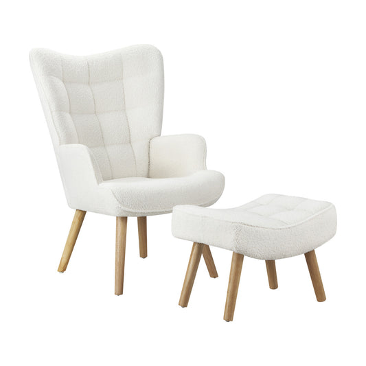 Oikiture Armchair with Footstool Sherpa White
