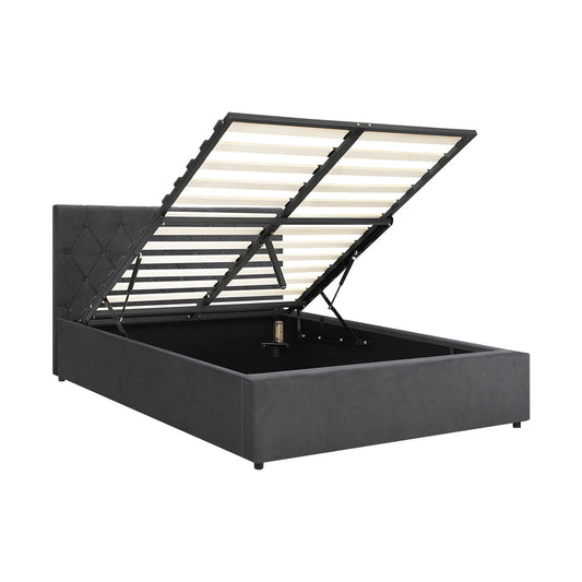Oikiture Bed Frame Double Size Gas Lift Base Storage Fabric Grey
