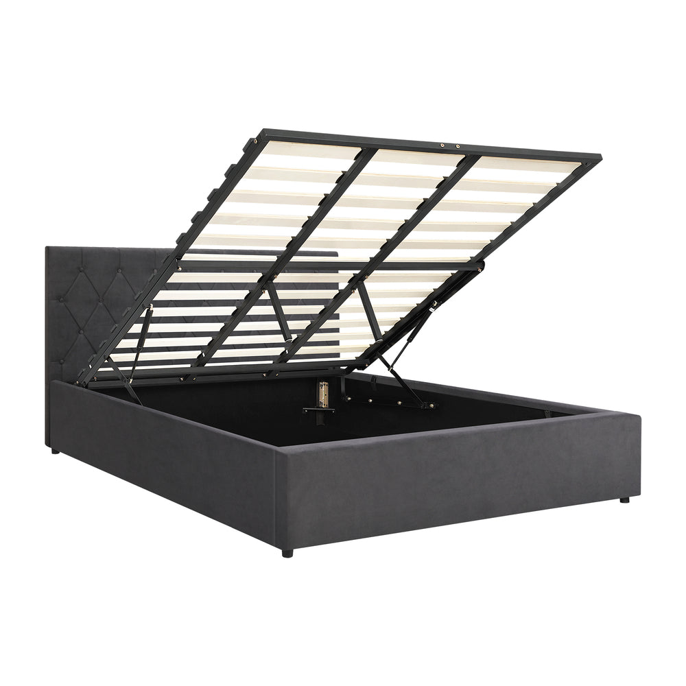 Oikiture Bed Frame King Size Gas Lift Base Storage Fabric Grey