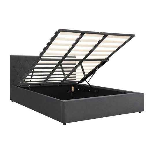 Oikiture Bed Frame King Size Gas Lift Base Storage Fabric Grey