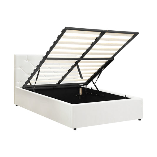 Oikiture Bed Frame King Single Gas Lift Base Storage Leather White