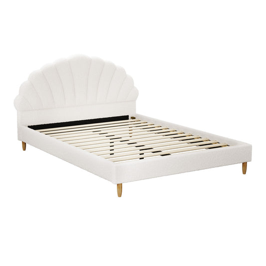 Oikiture Bed Frame Double Size Scallop-Shape Bedhead White Boucle