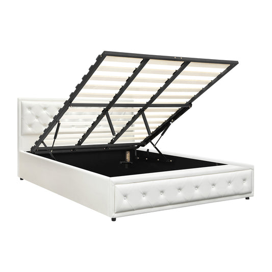 Oikiture King Bed Frame with Storage Space Gas Lift White
