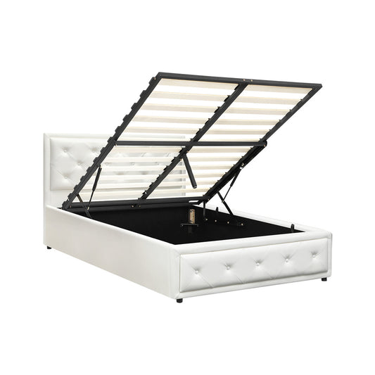 Oikiture King Single Bed Frame with Storage Space Gas Lift White