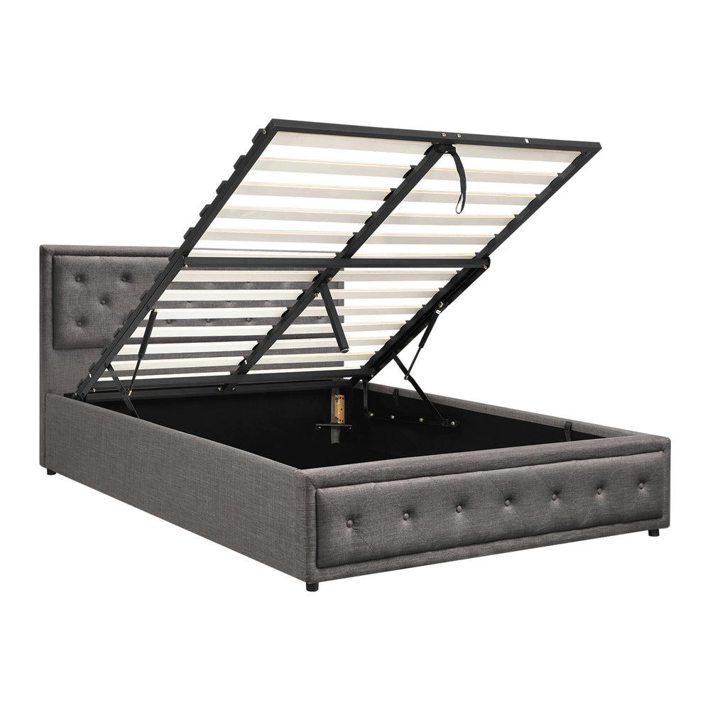Oikiture Queen Bed Frame with Storage Space Gas Lift Grey