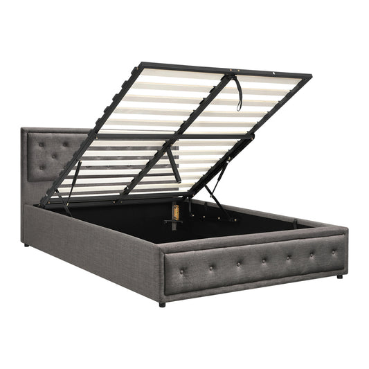 Oikiture Queen Bed Frame with Storage Space Gas Lift Grey