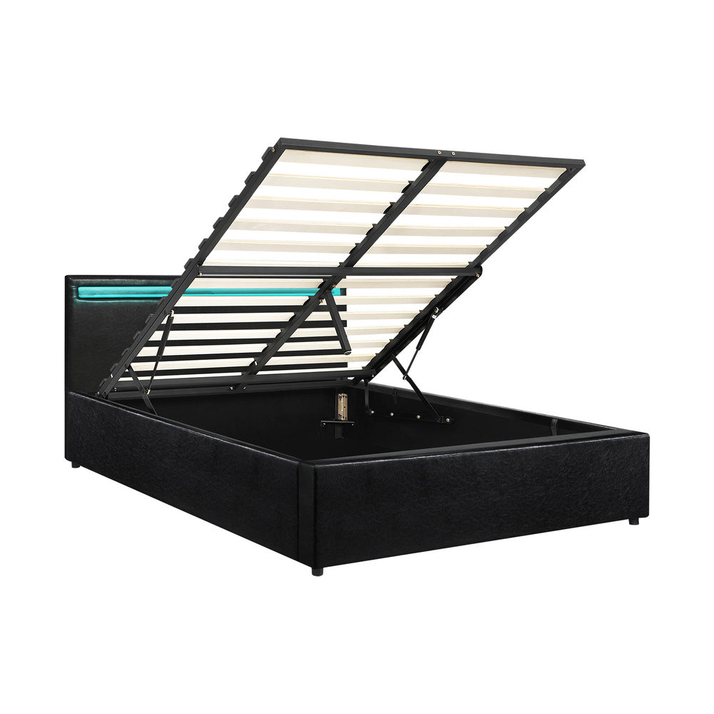 Oikiture Bed Frame RGB LED Queen Size Gas Lift Storage Base Black