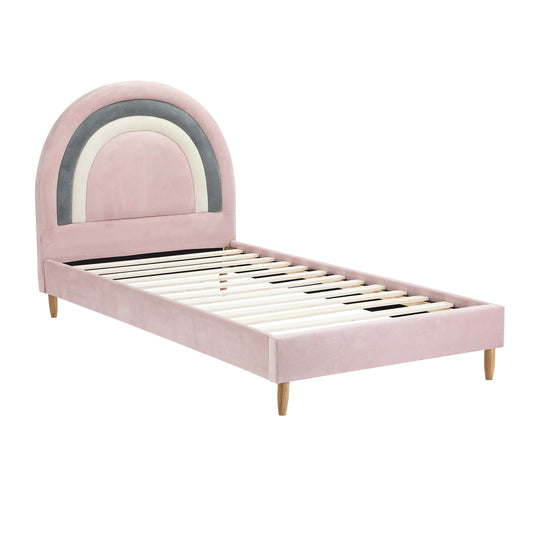 Oikiture Bed Frame Single Size Kids Bed Frame Pink Velvet
