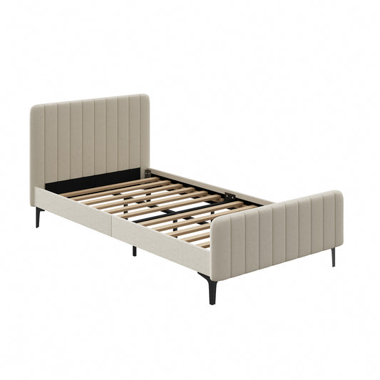 Oikiture King Single Bed Frame Velvet Fabric Beige