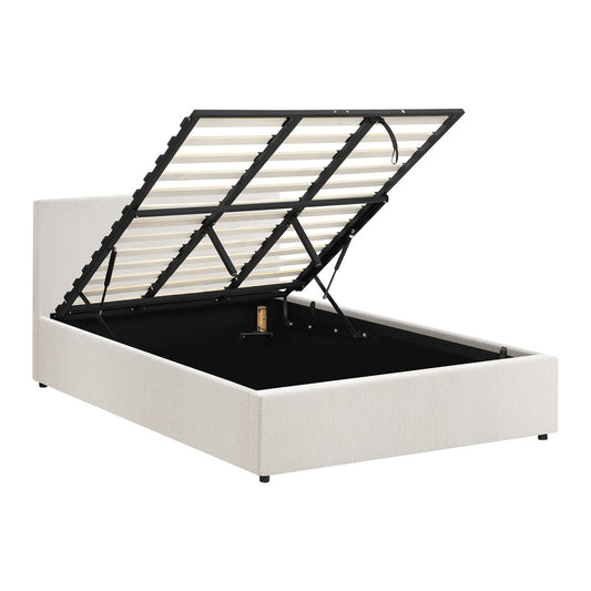 Oikiture King Bed Frame Gas Lift Storage Base White Boucle