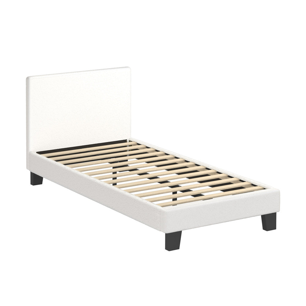 Oikiture King Single Bed Frame Wood Slats Boucle White