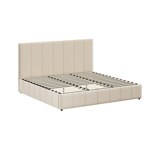 Oikiture Bed Frame King Size Gas Lift Base Beige Fabric