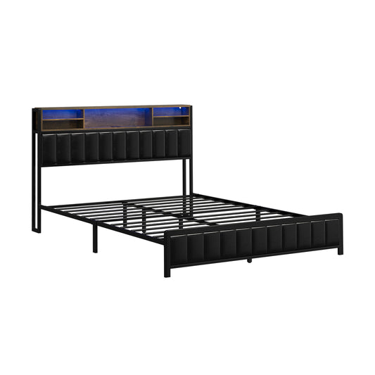 Oikiture Bed Frame Queen Size LED Storage Bedhead Leather Black