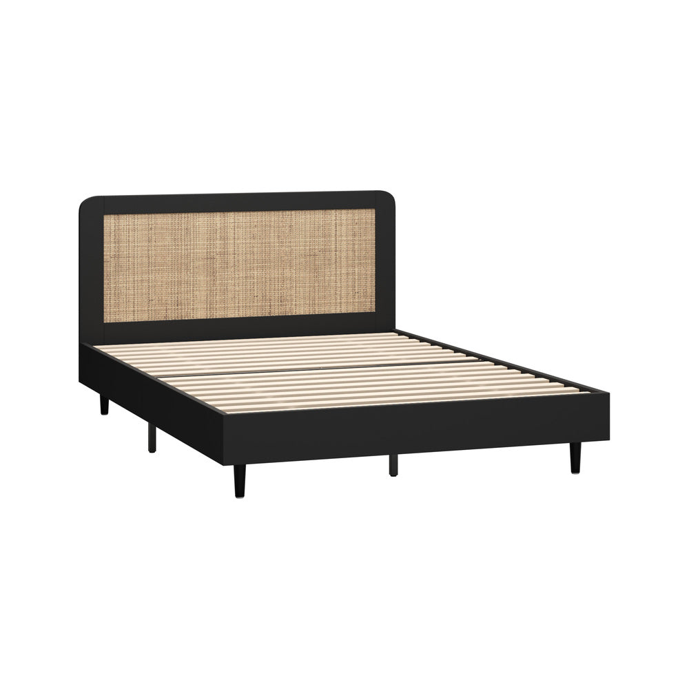 Oikiture Bed Frame Double Size Real Rattan Headboard Black