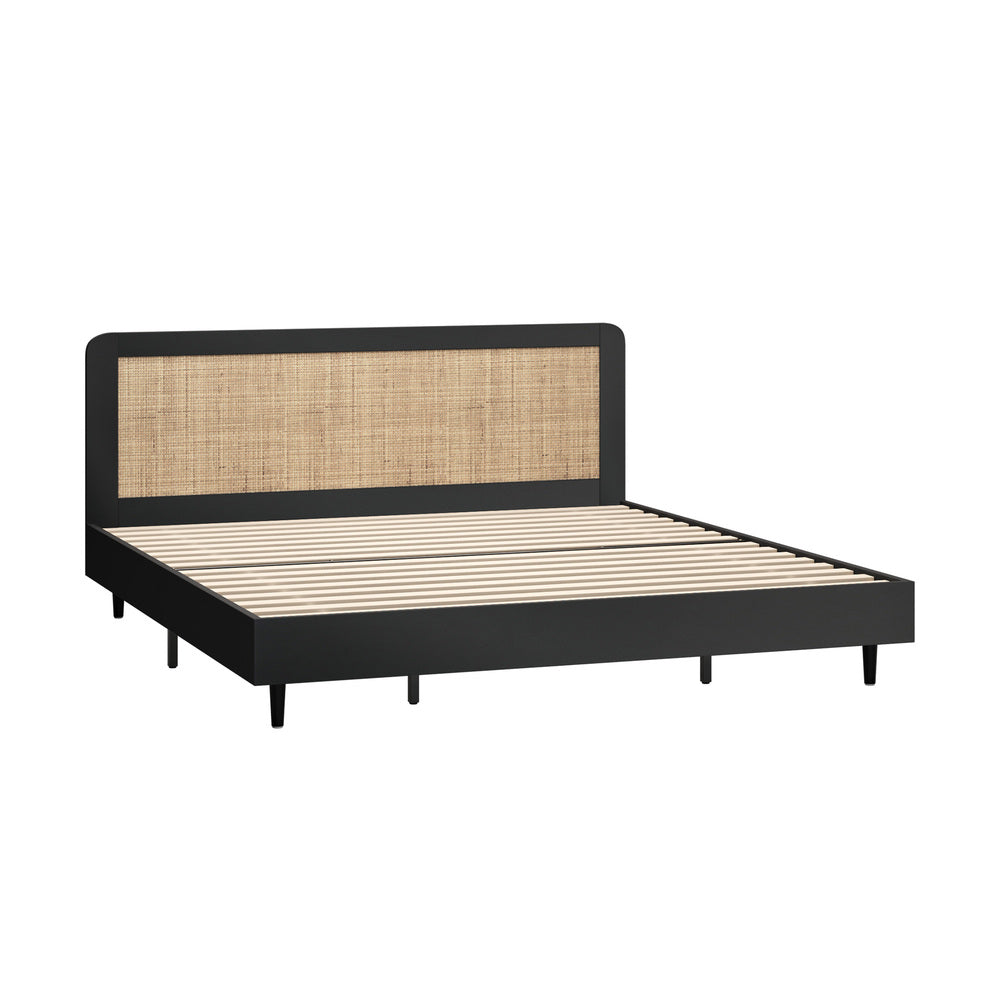 Oikiture Bed Frame King Size Real Rattan Headboard Black