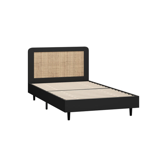 Oikiture Bed Frame King Single Real Rattan Headboard Black