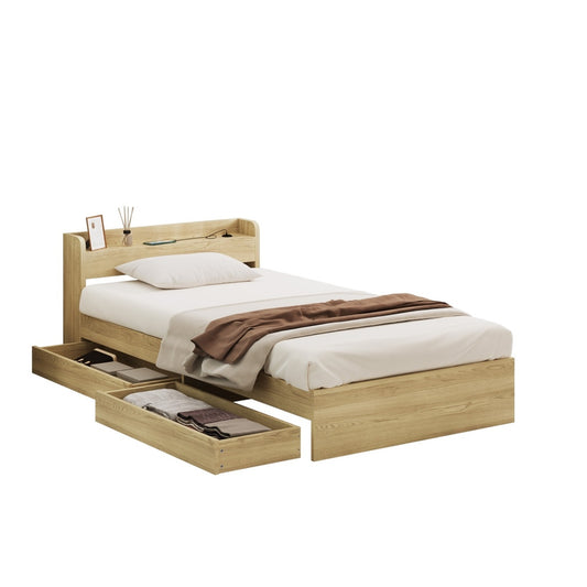 Oikiture King Single Bed Frame with Charging Ports & 2 Drawers