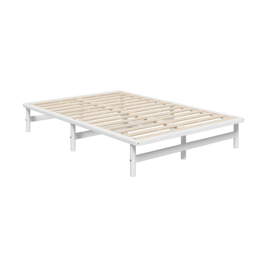 Oikiture Double Wooden Bed Frame Solid Pine Timber White