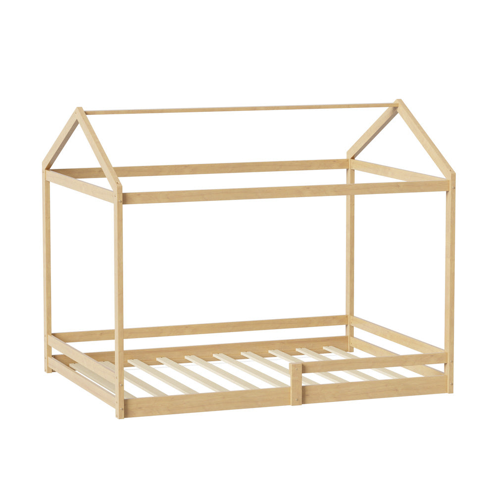 Oikiture Double Kids Wooden Bed Frame House Beds with Fence Natural
