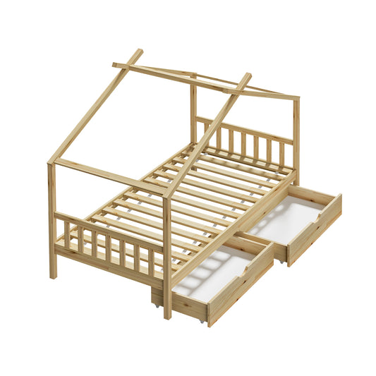 Oikiture House Bed Frame Wooden Single Size with Drawers