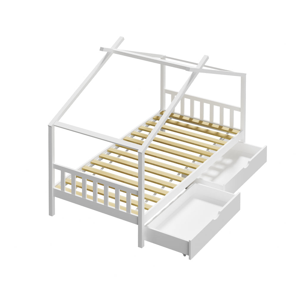 Oikiture Bed Frame Wooden Single House Frame with Drawers White