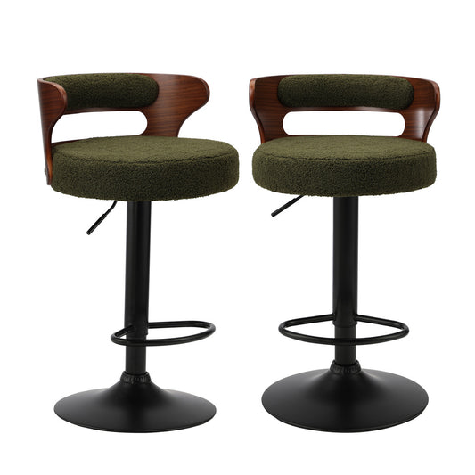 Oikiture 2x Bar Stools Gas Lift Swivel Chairs Wooden Boucle Green