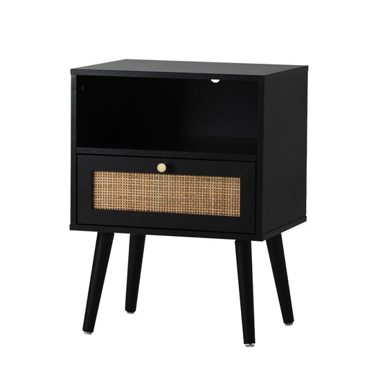 Oikiture Bedside Table Storage Drawer Shelf Rattan Black