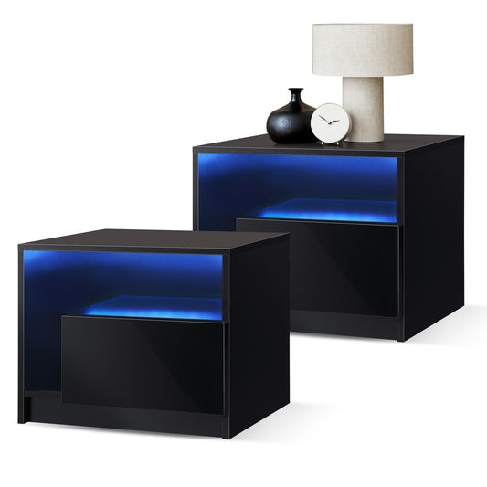 Oikiture Bedside Tables Set of 2 LED Black