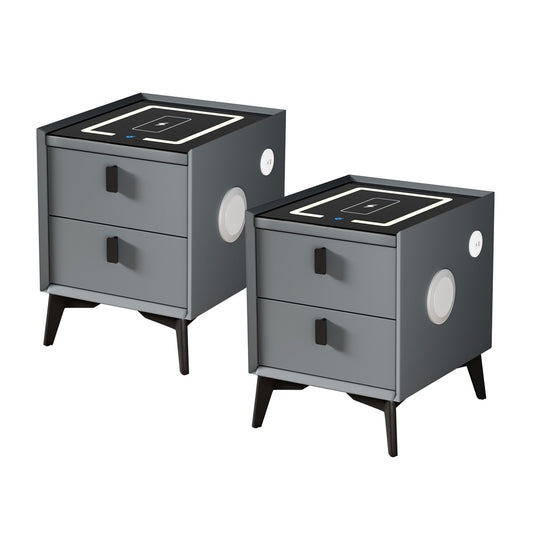 Oikiture 2x Smart Bedside Tables Wireless Charging LED 2 Drawers Grey