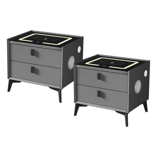 Oikiture 2x Smart Bedside Tables Wireless Charging LED Nightstand Grey