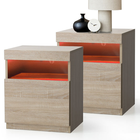 Oikiture Bedside Tables Set of 2 LED Nightstand Shelf Natural