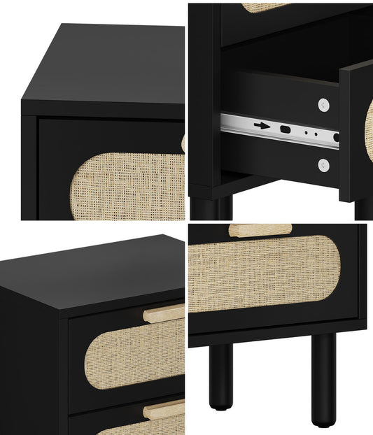 Oikiture Bedside Table 2 Drawers Rattan Black
