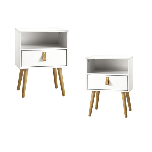 Oikiture 2X Bedside Tables with Leather Handle White