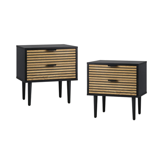 Oikiture 2PCS Bedside Table 2 Drawers Black&Wooden