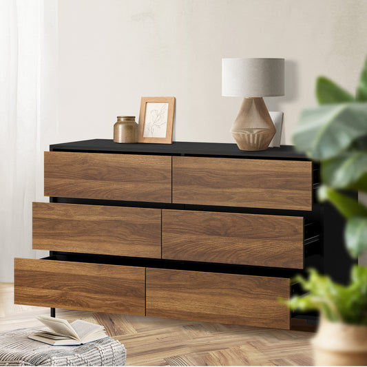 Oikiture 6 Chest of Drawers Cabinet Dresser Table Lowboy Walnut