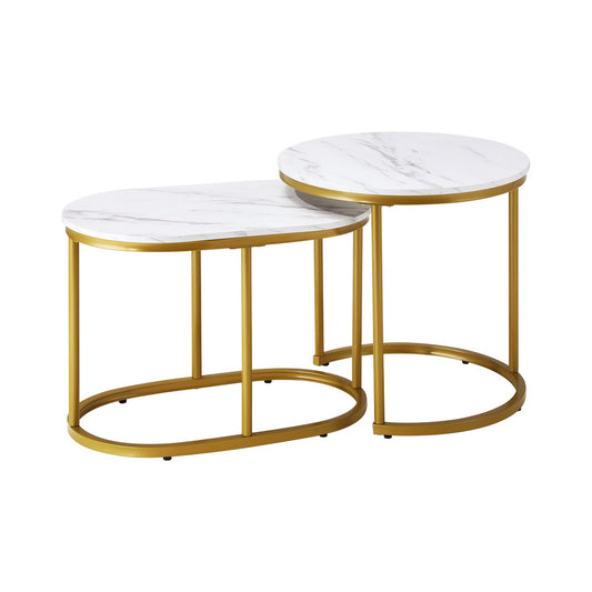 Oikiture Set of 2 Coffee Table Round Oval Marble Nesting Gold