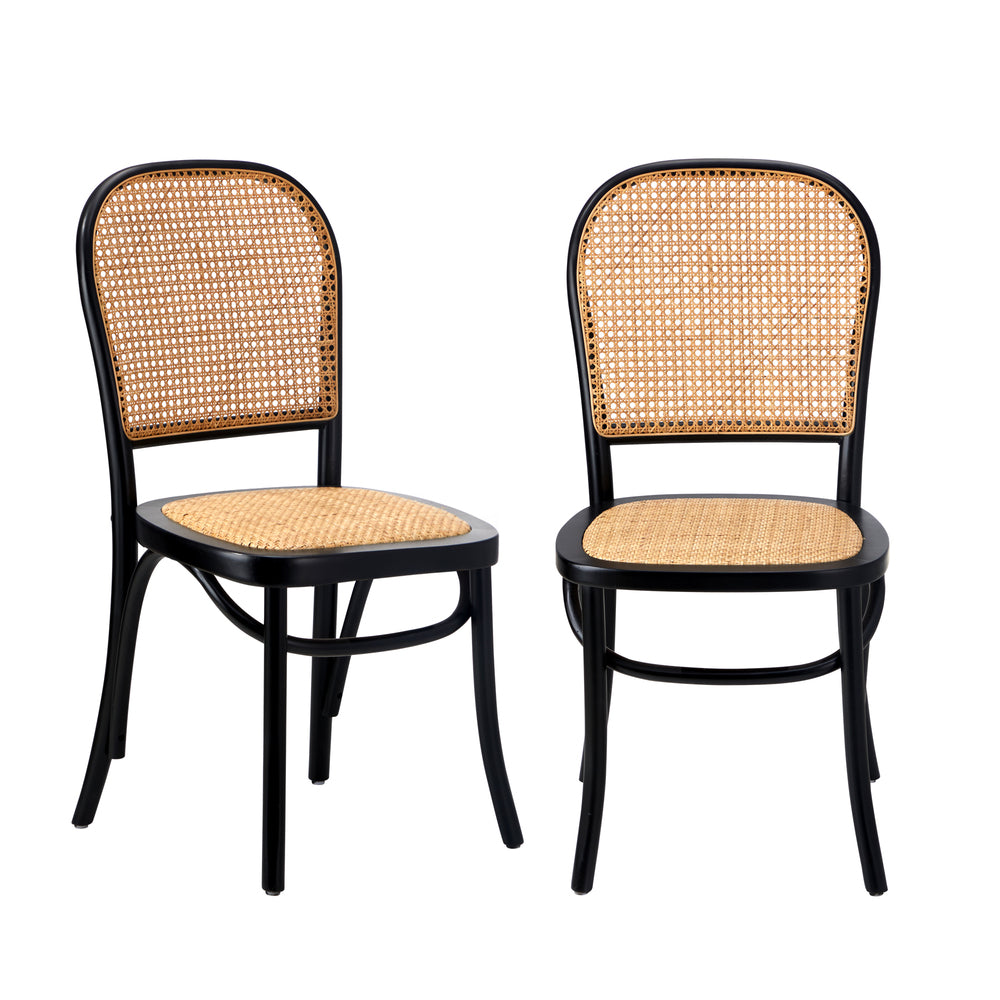 Oikiture Dining Chairs Wooden Chairs Rattan Seat Black