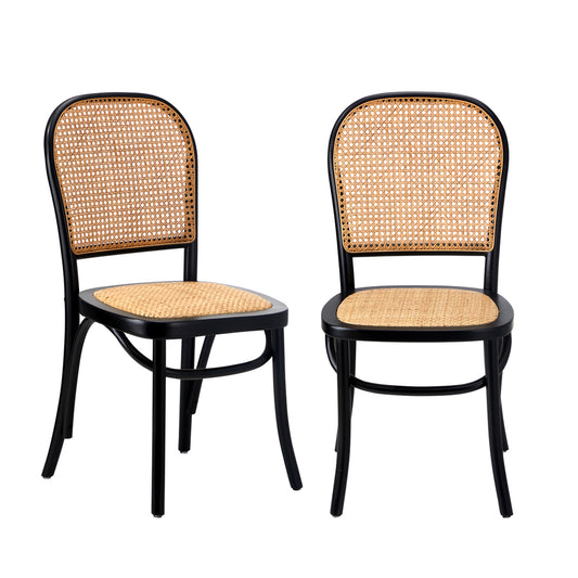 Oikiture 2PCS Dining Chairs Wooden Rattan Black