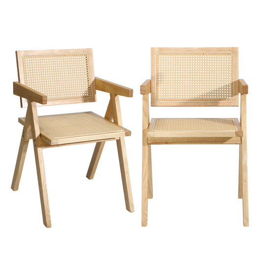 Oikiture 2x Dining Chairs Rattan Wooden Natural