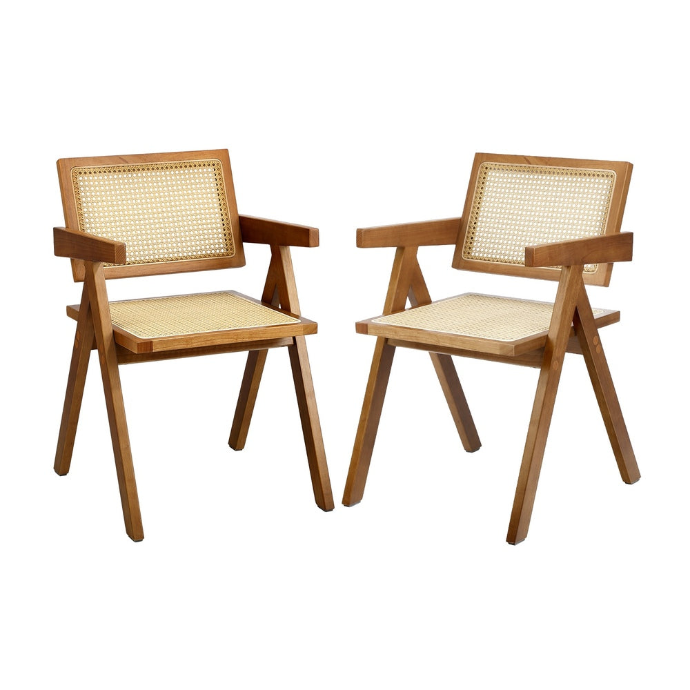 Oikiture 2x Dining Chairs Rattan Chair Wooden Walnut
