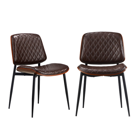Oikiture 2x Dining Chairs Leather Seat Metal Legs Walnut