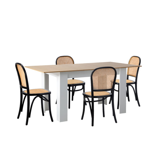 Oikiture 160cm Extendable Dining Table with 4PCS Chairs Rattan White