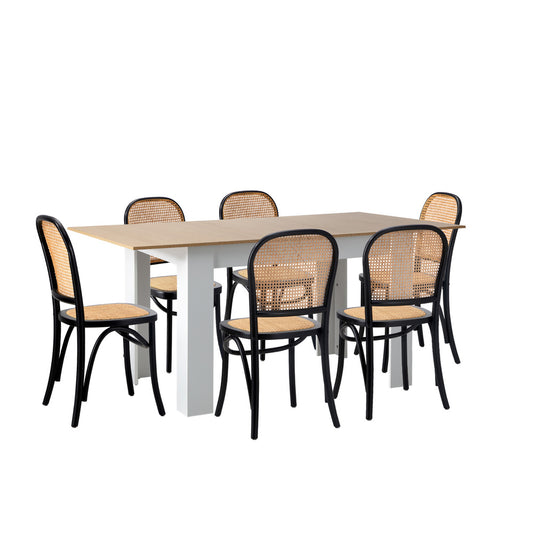 Oikiture 160cm Extendable Dining Table with 6PCS Chairs Rattan White