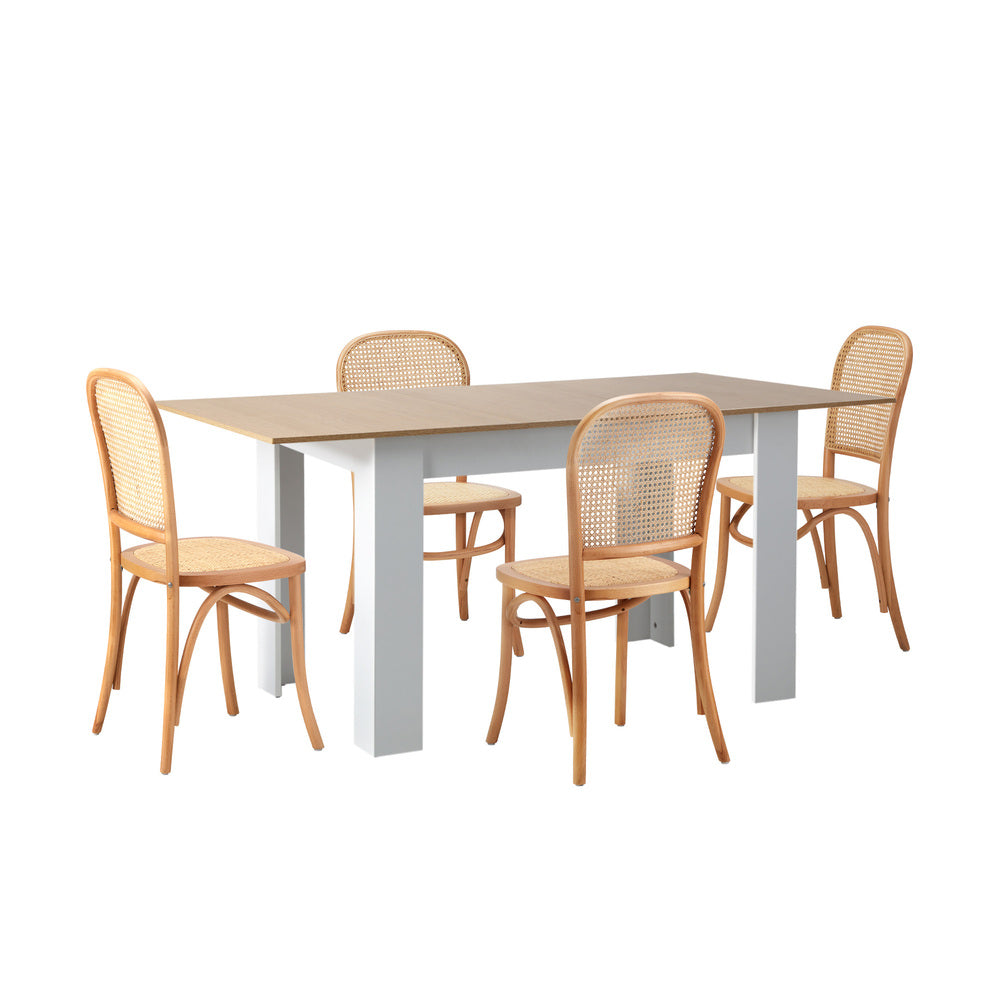 Oikiture 160cm Extendable Dining Table with 4PCS Chairs Rattan Natural