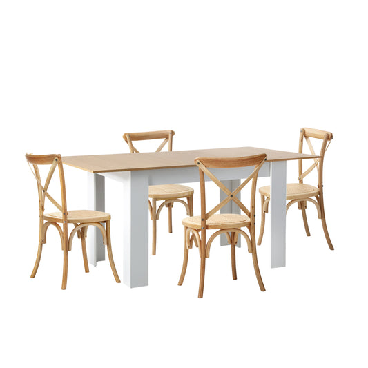 Oikiture 160cm Extendable Dining Table with 4PCS Chairs Crossback Wooden